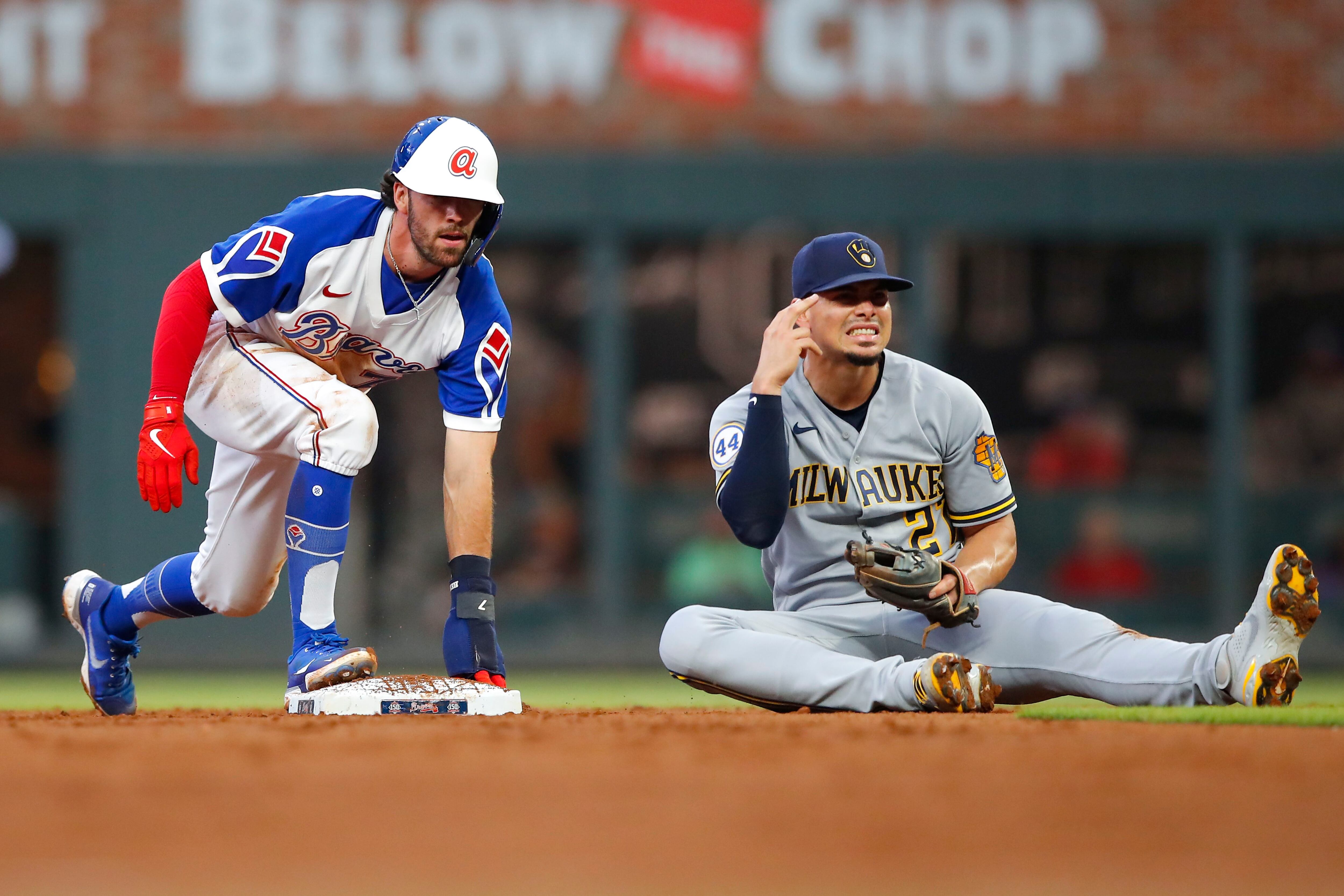 Joc Pederson of the Atlanta Braves reacts on second base during a